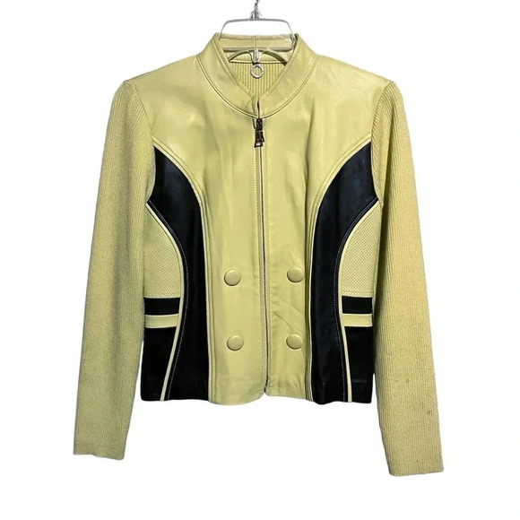 One Girl Who Jackets & Blazers - One Girl Who Like Green And Black Leather Ribbed Stretch Jacket Women’s Small S
